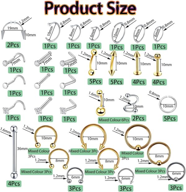 HOINCO Kit Piercing Corps 124 Pièces Aiguilles 12G à 20G-6