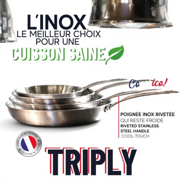 MENASTYL - Poêle inox 1810 Triply 24cm tous feux dont induction fabriquée en France - sans PFAS ni substances nocives - Compatible lave-vaisselle - Poignée rivetée - 6020486