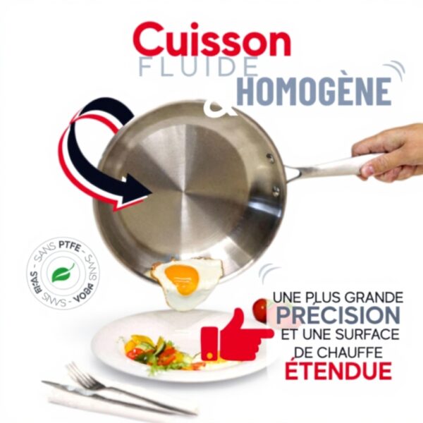 MENASTYL - Poêle inox 1810 Triply 24cm tous feux dont induction fabriquée en France - sans PFAS ni substances nocives - Compatible lave-vaisselle - Poignée rivetée - 6020486