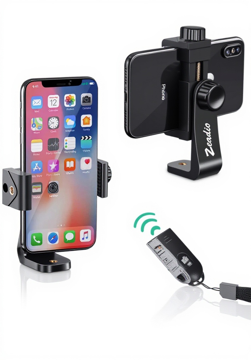 Adaptateur Zeadio fixé sur un trépied avec smartphone en position horizontale