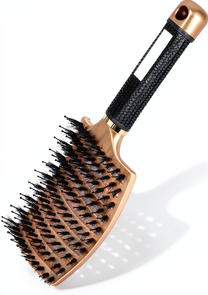 Brosses URAQT en poils de sanglier posées sur un plan de travail en bois, montrant la texture des poils