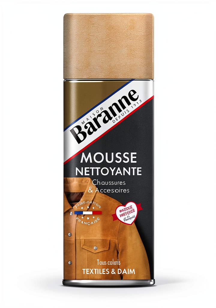 Installation de la Mousse nettoyante Baranne sur un sac en daim posé sur un plan de travail en bois