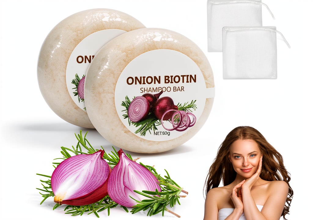 'Shampoing solide oignon biotin Kunoli montrant la texture et les filets à mousse'