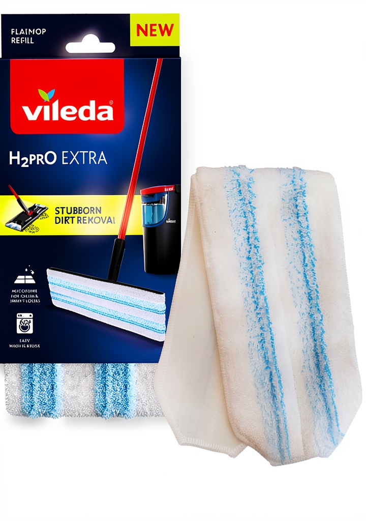 Recharge Vileda H2Pro fixée sur un balai plat nettoyant un sol carrelé